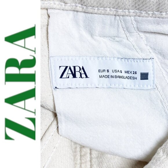 ZARA Ivory Cream 100% Cotton Wide Leg High Rise Drawstring Cuff Jeans, Size Smal - Picture 6 of 12